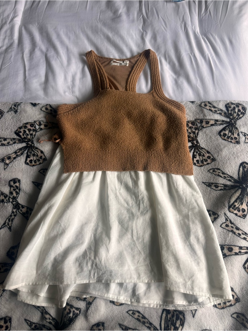 Anthropologie Brown Knit Tank with White Skirted Layered Slip